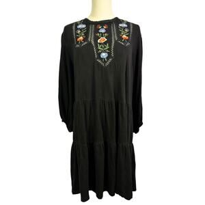 TOPSHOP  Women's 3/4 Sleeve Embroidered Smock Dress Black Floral Sz 12